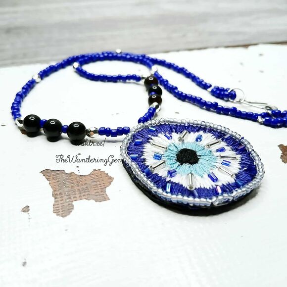 Hand Embroidered Evil Eye Beaded Choker Necklace, 15" - Picture 5 of 7